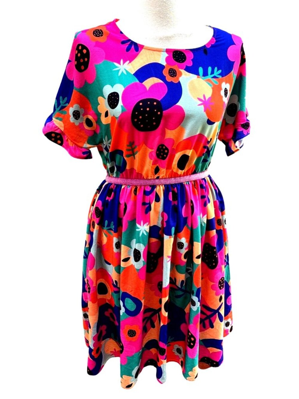 Short Sleeve Size 6 Colorful Light Summery Dress Floral Print Elastic Waist